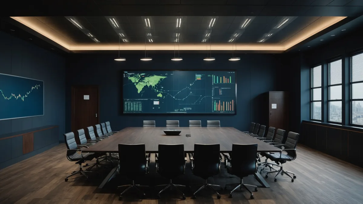 Empty boardroom table with a presentation screen glowing at the far end
