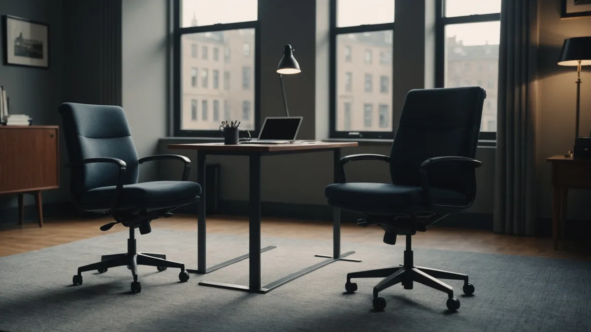 Two empty chairs facing each other in a dim office, suggesting a difficult conversation